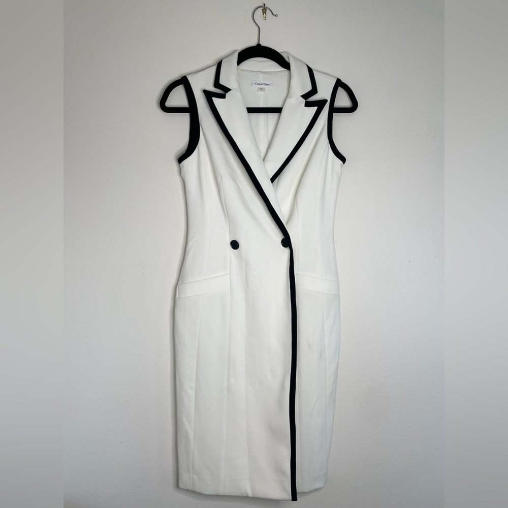 Calvin Klein sleeveless white blazer dress black trim NWT